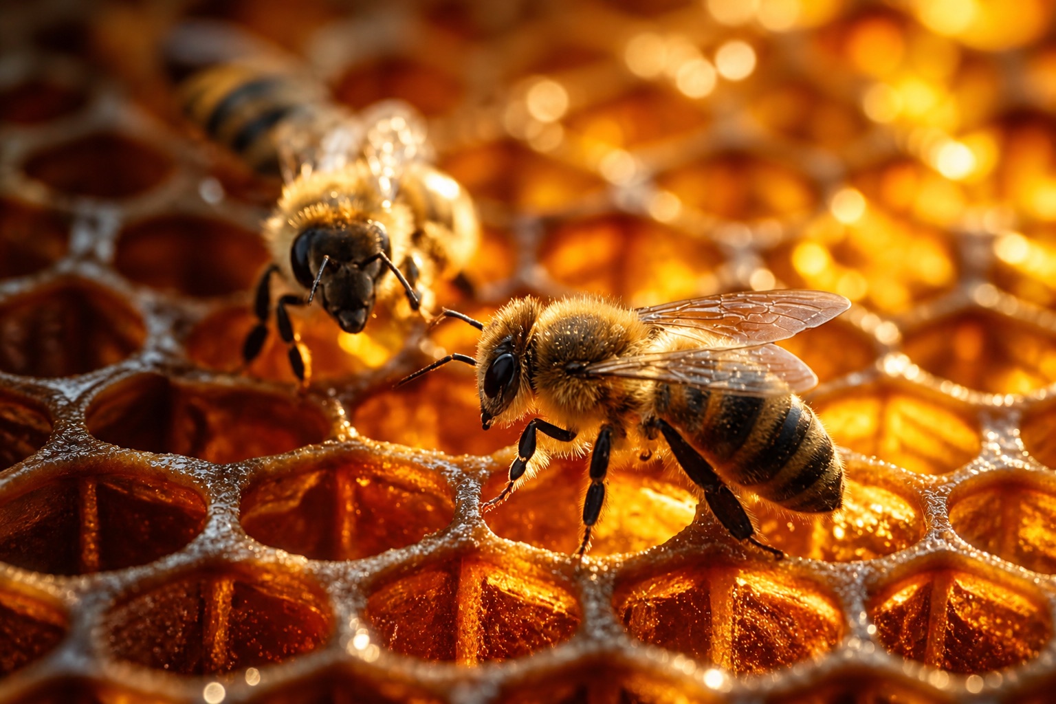 Bees on the comb, the cells warm with nectar.