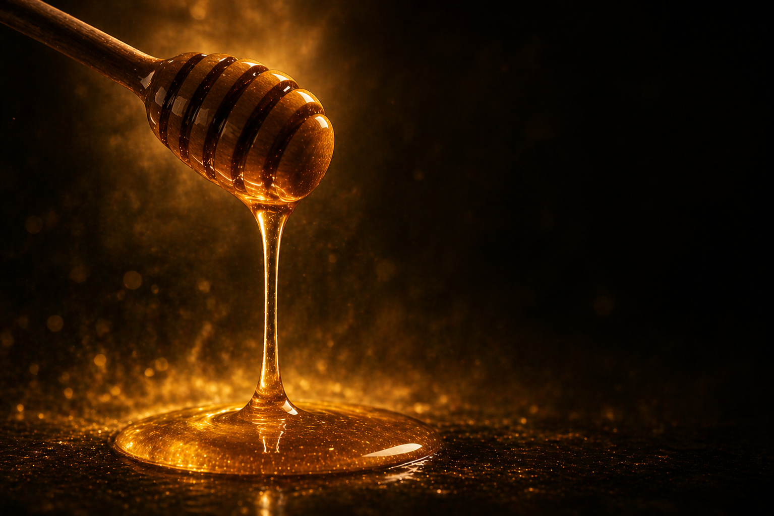 Dark, raw amber honey drawn slowly from the comb